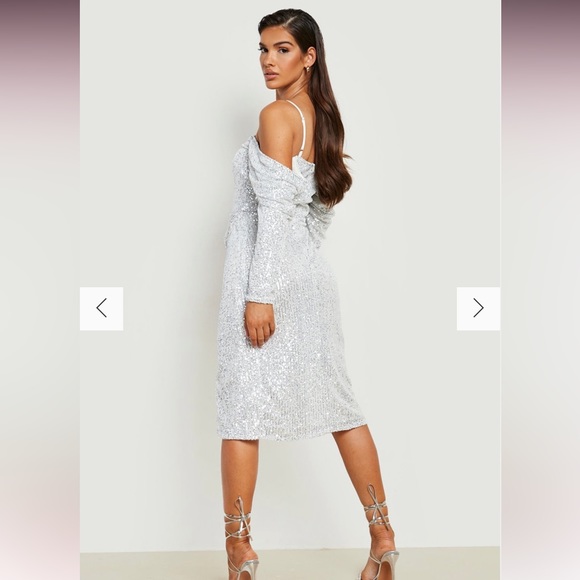 Sequin Open Shoulder Midi Dress - Picture 2 of 7